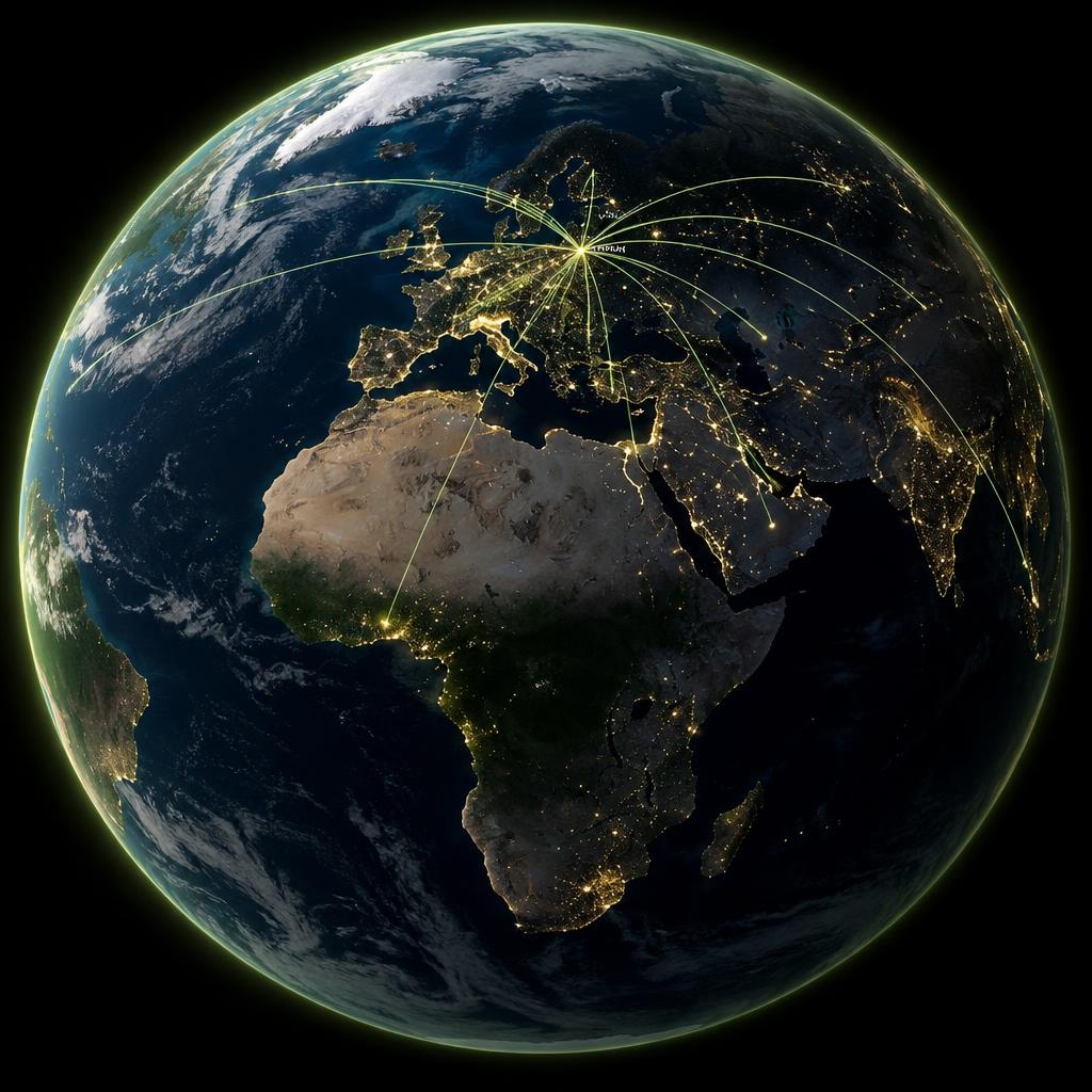 Earth at night with connections from Warsaw, Poland